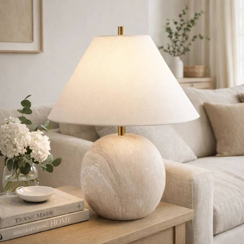 Table Lamp, Water Marble Ceramic and White Linen Shade, 17 Inch