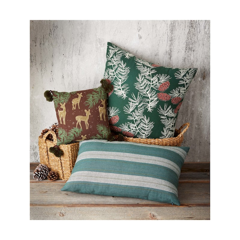 Wilde Pine Deer Throw Pillow - Christmas Decor, Brown Multi Cotton, Machine Washable, 12x12 Inches