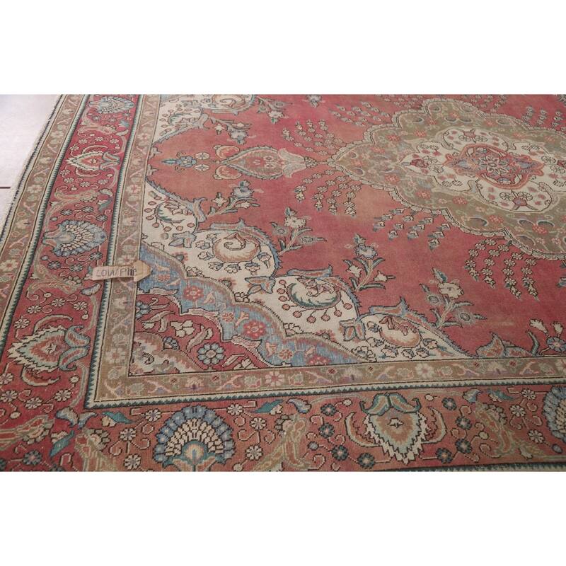 Hand Knotted Oriental 100% Wool Carpet Traditional Floral Pink Tabriz Area Rug - 12' 10'' X 9' 7''