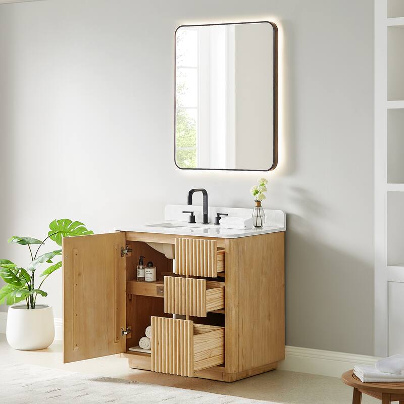 Clayton Bathroom Vanity in Washed Light Brown with Grain White Engineered Stone Countertop with Mirror
