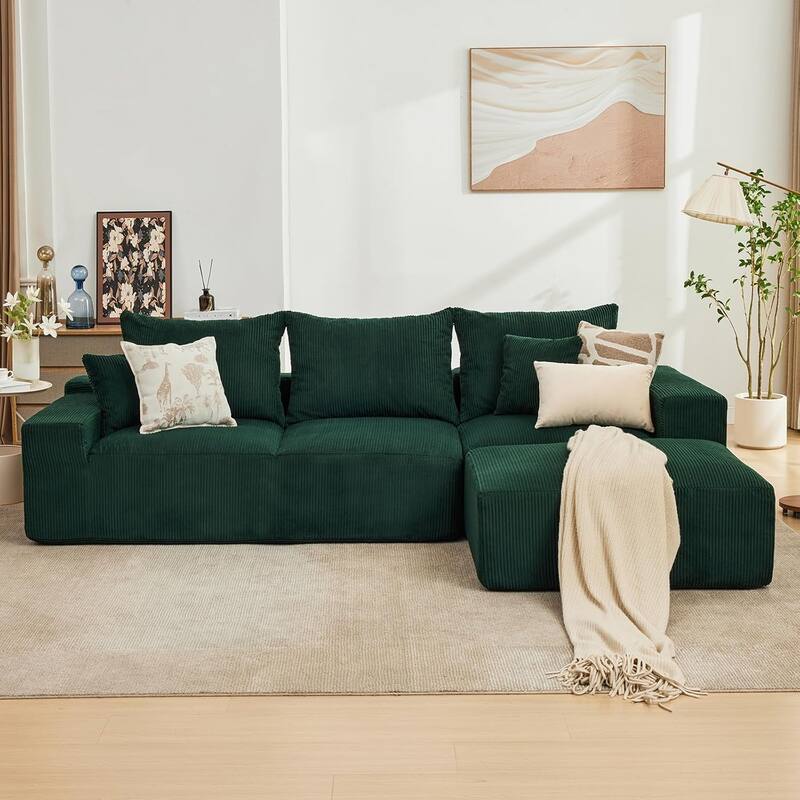 110" Oversized L-Shaped Sectional Sofa with Right Chaise, Cloud Couch with Corduroy & Memory Foam - Right Green