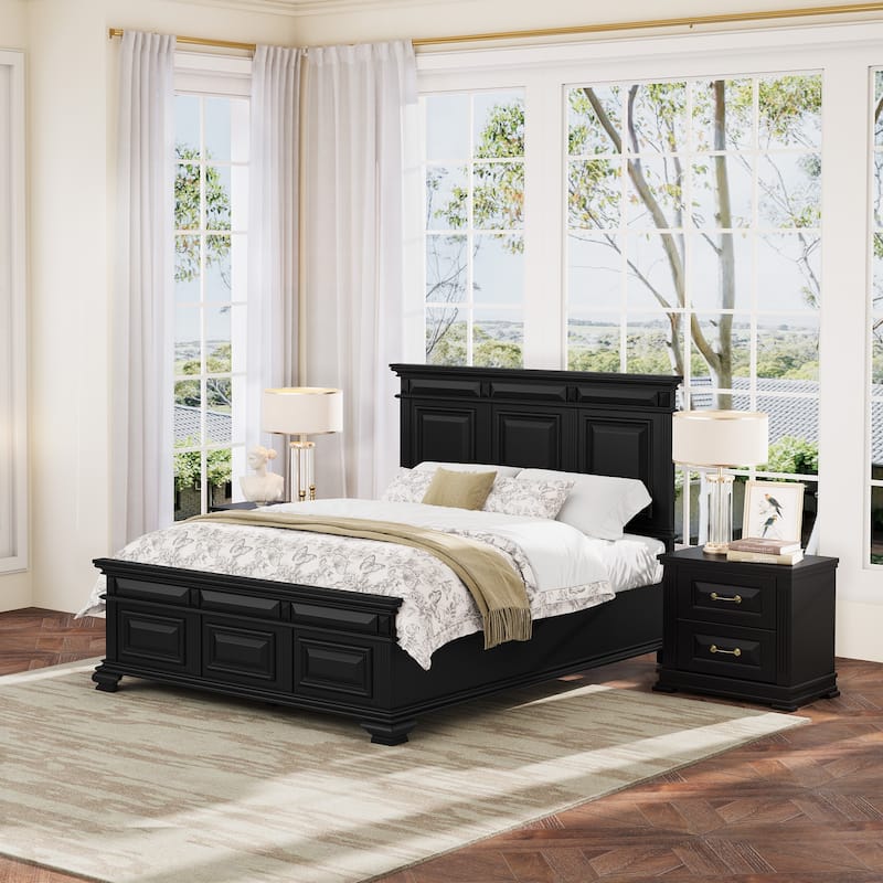 Solid Wood Retro Platform Bed with Headboard