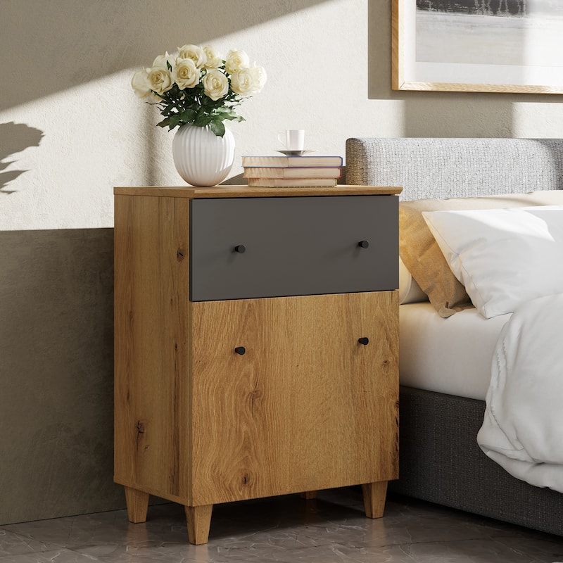 Large Nightstand with Drawer and Cabinet for Bedroom - Oak Brown-1 Pack