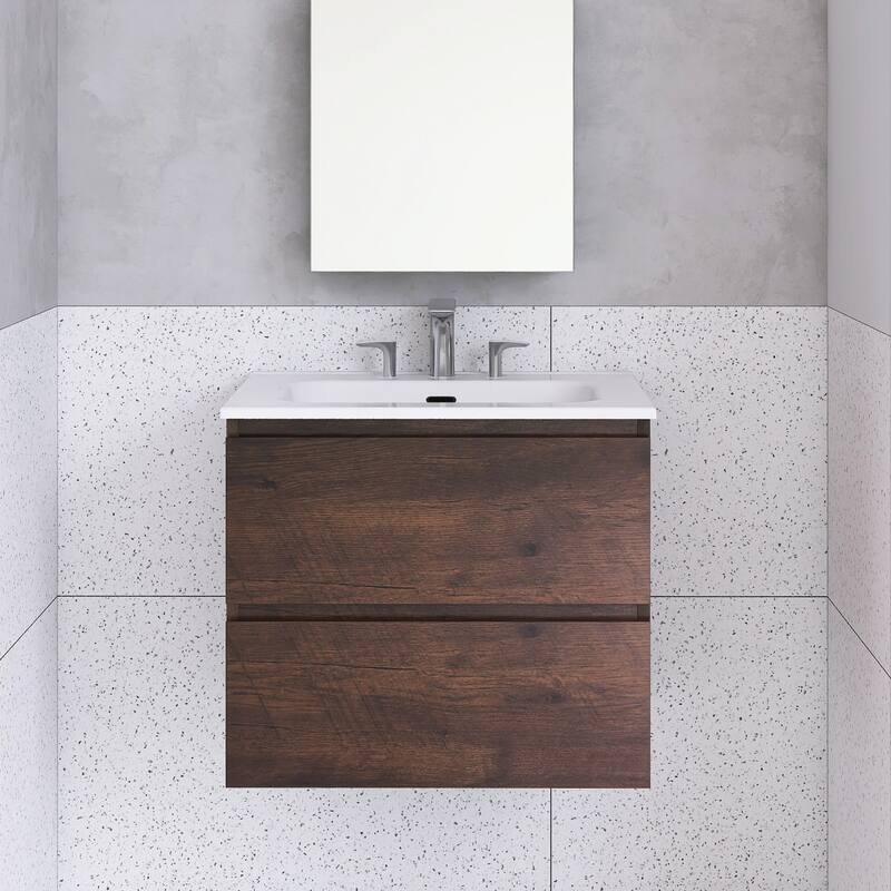 Floating Integrated Bathroom Vanity with Ceramic Sink, Three Faucet Holes - 24'' x 18.3'' x 21.1'' - Walnut