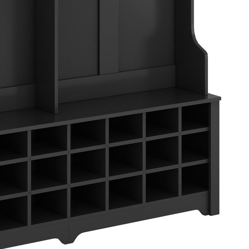 60" Wide Black Hall Tree with 24 Shoe Cubbies, Metal Black Hooks