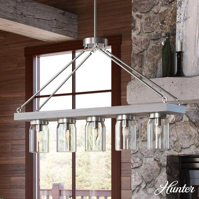Hunter Devon Park 5-Light Linear Chandelier - Kitchen Island, Dining Room - Rustic, Farmhouse - Brushed Nickel