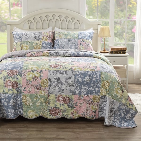 slide 2 of 10, Greenland Home Fashions Emma Patchwork Floral Print Cotton Quilt Set King