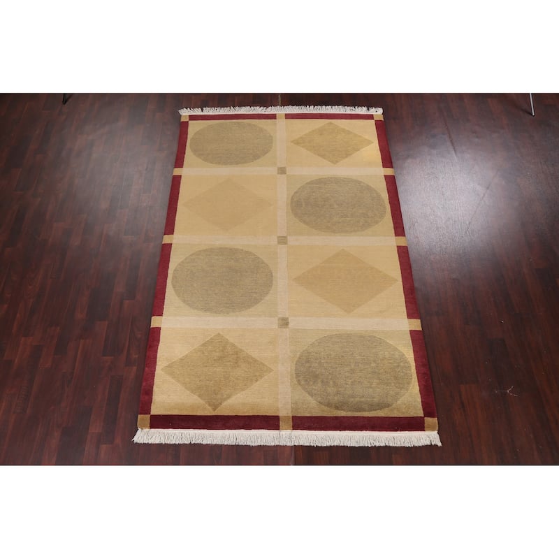 Vegetable Dye Geometric Oriental Nepalese Wool Area Rug Hand-knotted - 6'2" x 9'5"