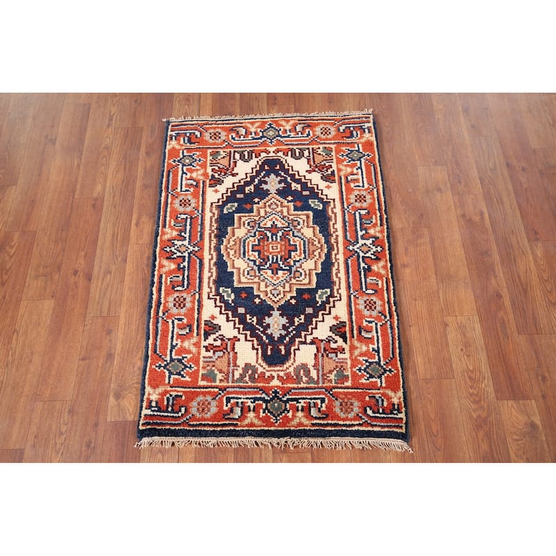 Navy Blue Heriz Serapi Accent Rug Hand-Knotted Oriental Wool Carpet - 2'0" x 3'0"