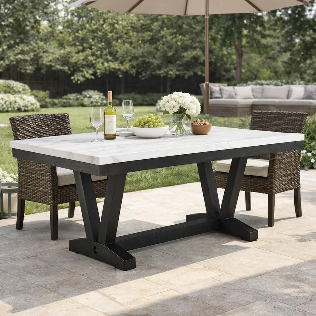 Vinz Dining Table, 72 Inch White Faux Marble Top, Black Trestle Base