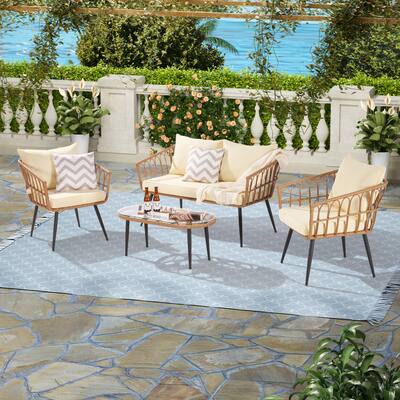 4 Pieces Patio Furniture Sofa Table Set, All-Weather Rattan Wicker Outdoor Conversation Set for for Backyard, Porch, Poolside