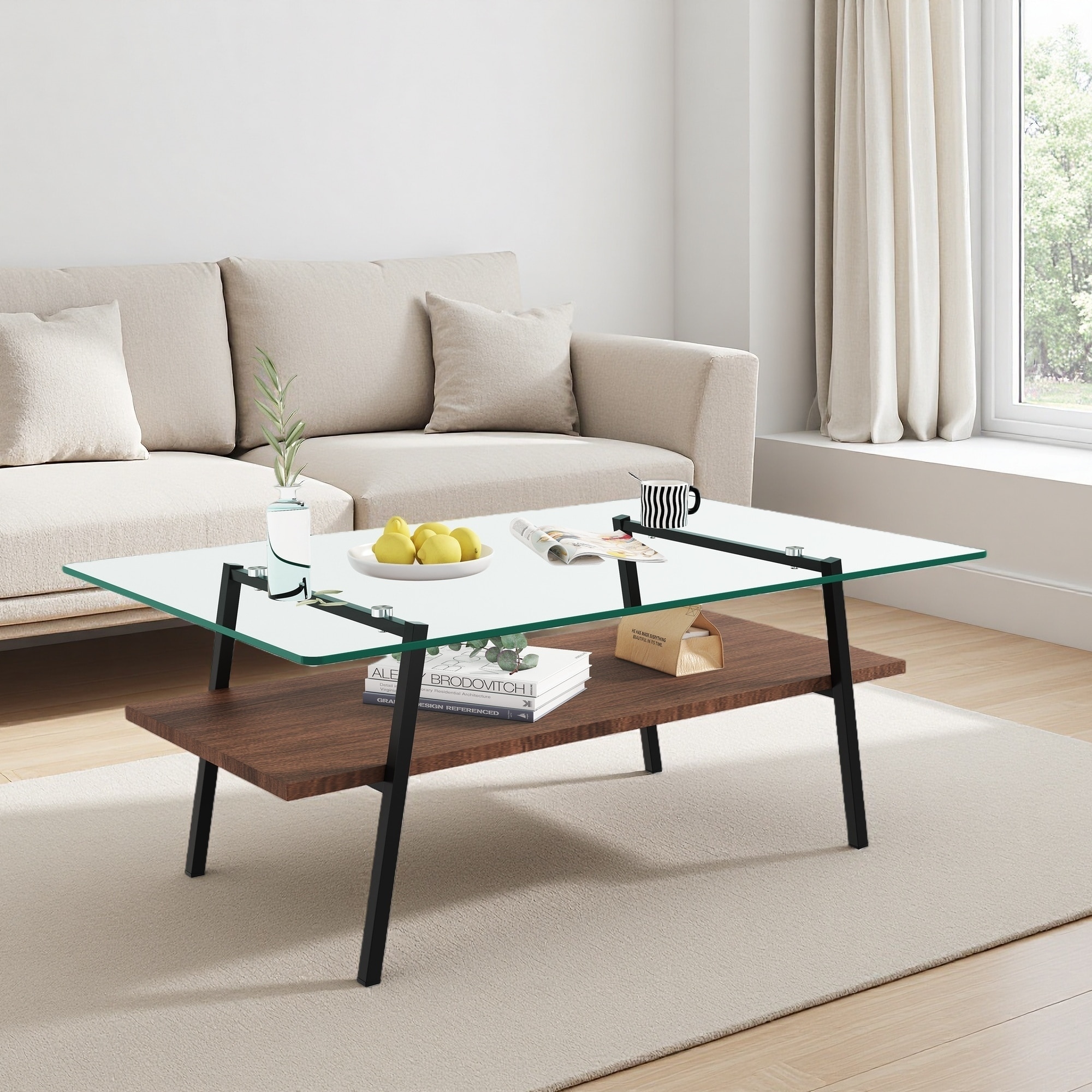 35.43" Tempered Glass Oval Coffee Table with Oak Wood Legs and 3 Layers for Living Room