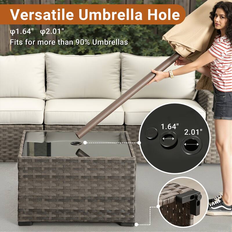 XIZZI Outdoor Wicker Coffee Table with Umbrella Hole for Garden Deck or Poolside