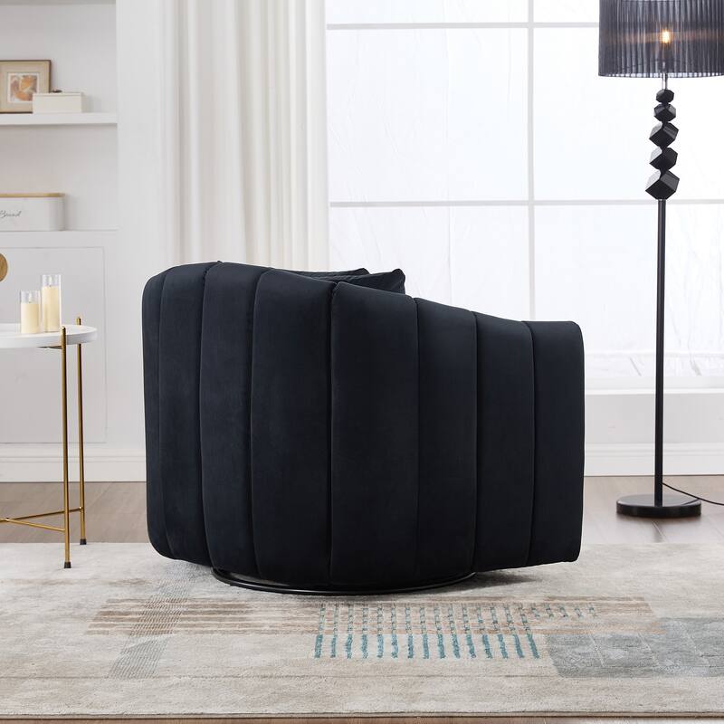 Roomfitters Oversized Swivel Barrel Chair, Velvet Channel Tufted Pumpkin-Shape Club Armchair with 3 Pillows for Living Room