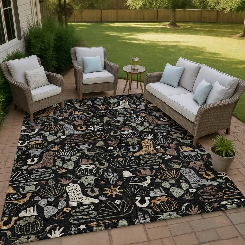 Machine Washable Indoor/ Outdoor Modern Ranch Chantille Rug - Black - 3' x 5'