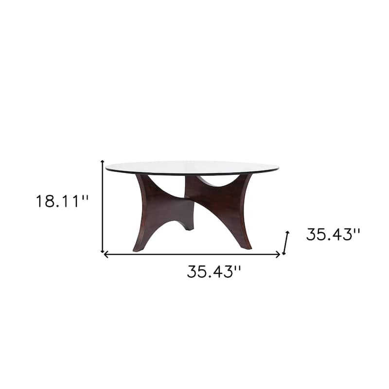 HomeRoots 35" Clear And Brown Glass And Wood Round Coffee Table - 35.43' X '18.11' X '35.43
