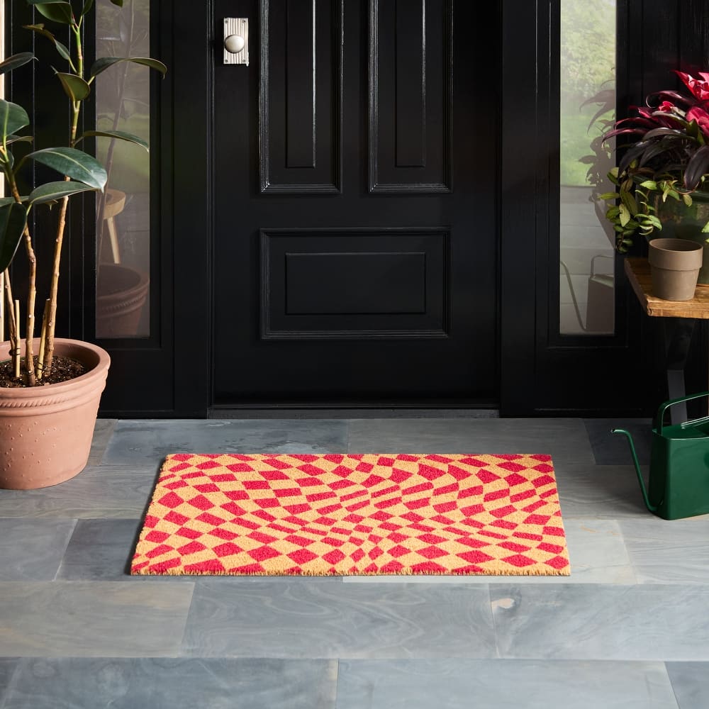 TOWN & COUNTRY TERRA Emmett Groovy Checkerboard Outdoor Door Mat, Natural Coir Mat