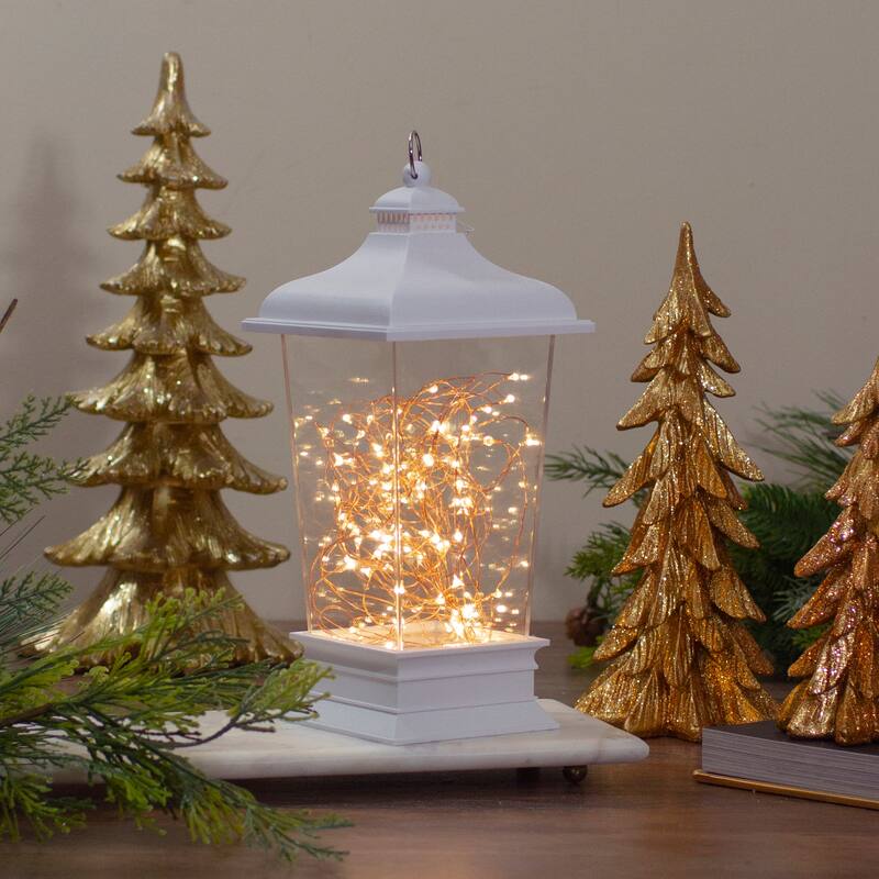 12" Battery Operated White Tapered Lantern with Rice Lights Tabletop Decoration