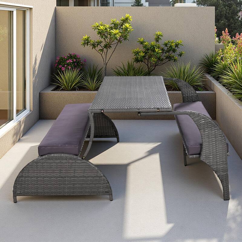 Multi-Functional Outdoor Patio Rattan Loveseat Sofa, Convertible 4-Seats Dining Set - Gray