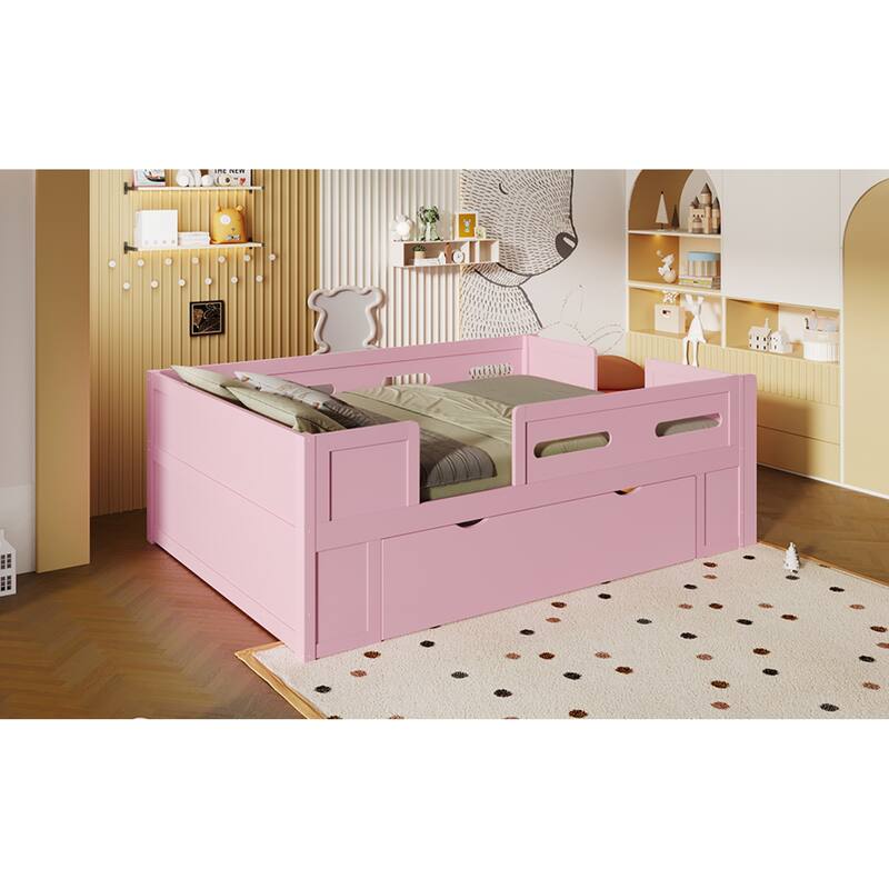 Roomfitters Full/Twin Size Wood Platform Bed with Underbed Storage Drawer and Safety Guardrails, Modern Low Loft Frame