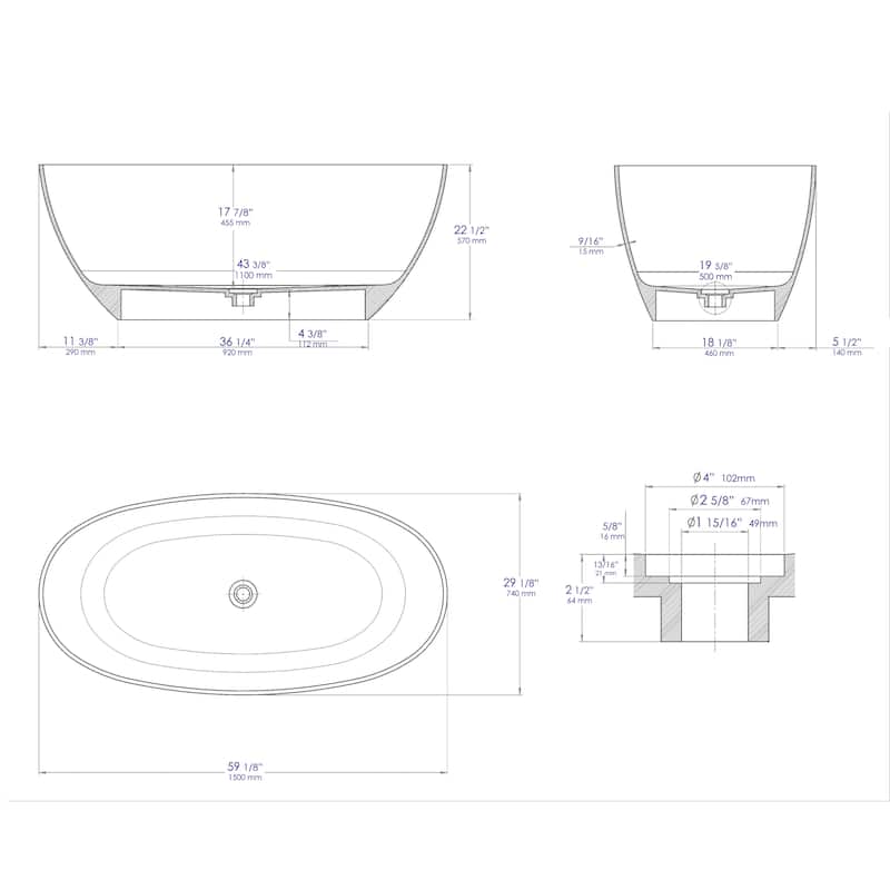 ALFI brand 59" White Oval Solid Surface Resin Soaking Bathtub
