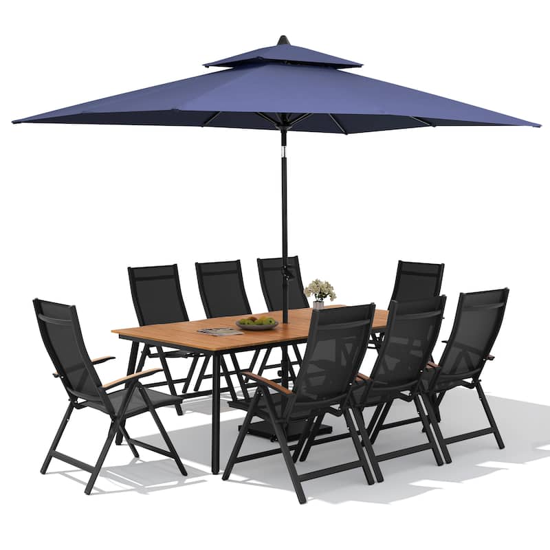 11PC Outdoor Patio Dining Set Aluminum Table with Folding Armchairs w/ Premium Market Umbrella Sets