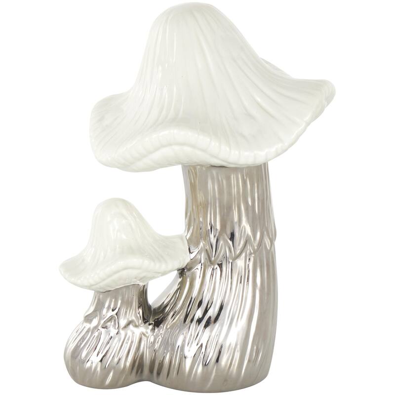 Ceramic Mushroom Decorative Sculpture with White Tops and Textured Grooves - Gold or Silver - Roche River Decor