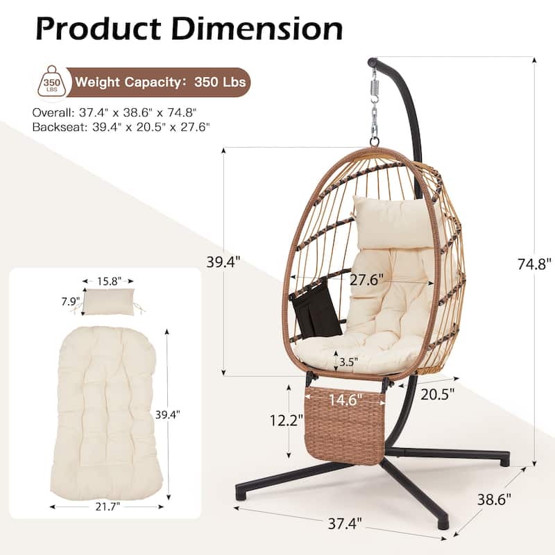 EROMMY Hanging Egg Chair with Stand, Foldable Indoor/Outdoor Swing Chair includes Cushion and Pillow, Patio Wicker Swing