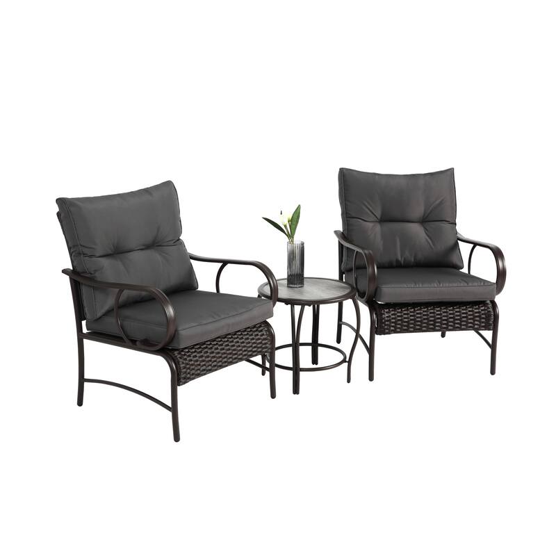 3 Piece Outdoor Steel Frame Furniture Set, Patio Rattan Conversation Chairs Set with Glass Coffee Table and Removable Cushions