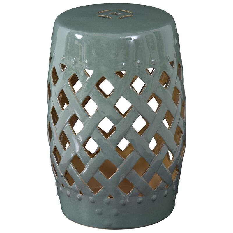 Patio Decorative End Table, Ceramic Garden Table with Woven Lattice Design & Glazed Strong Materials, Green - Green