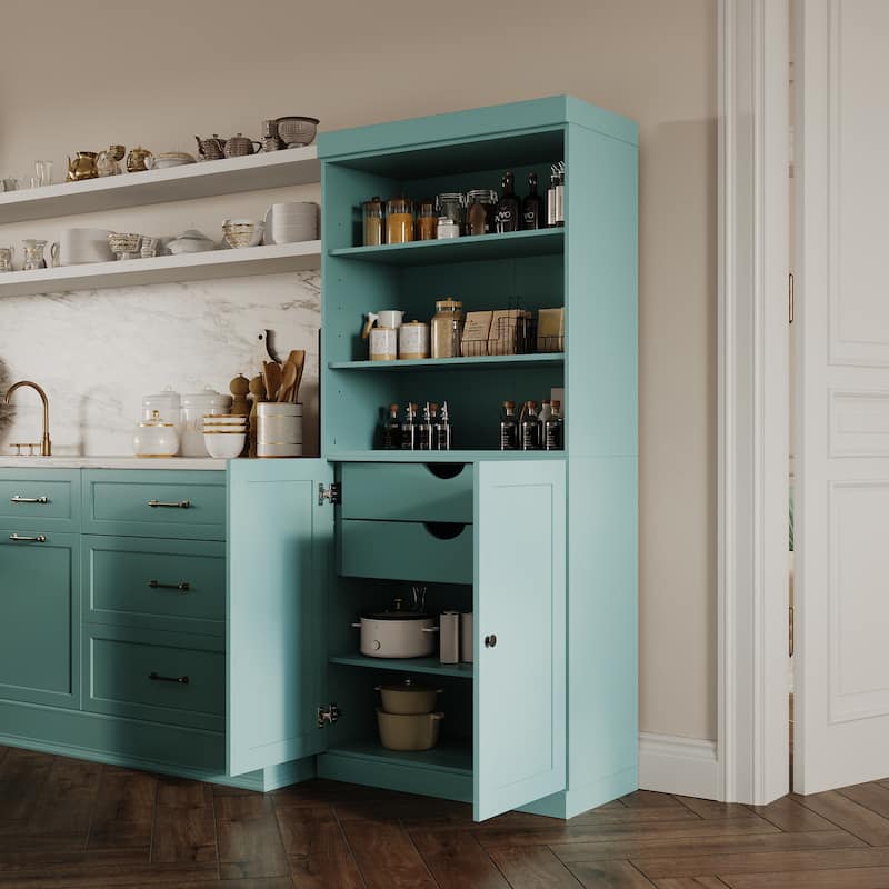 Palace Imports 100% Solid Wood 32" Pantry Cabinet with Shaker Doors, 2-Drawers and Adjustable Shelves - Aqua Blue