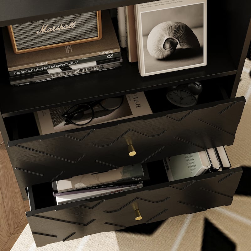 Black Side Cabinet Accent Cabinet with Gold Handles For Living Room: Geometric Texture, Open & Drawer Storage