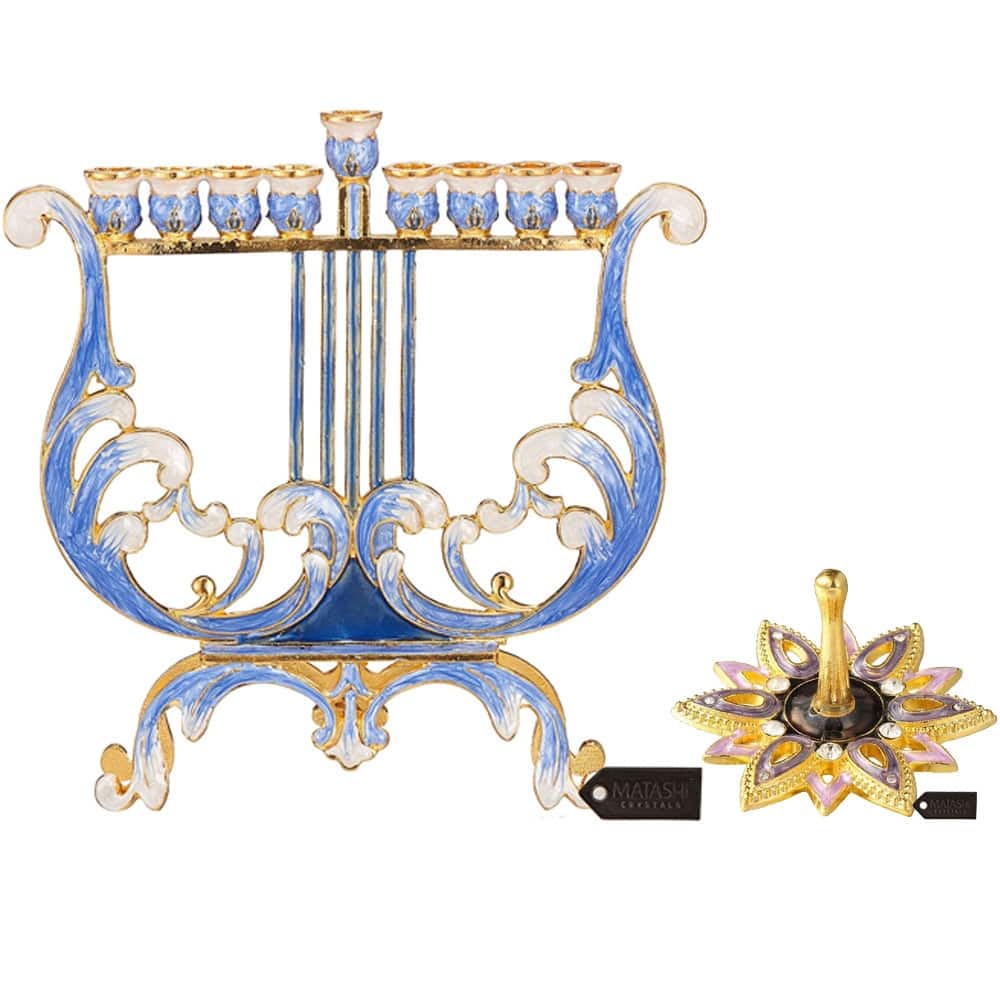 Matashi Hand-Painted Spinning Dreidel Holiday Ornaments & Blue-Ivory Harp Menorah Candelabra w/ Crystals Jewish Hanukkah Gift