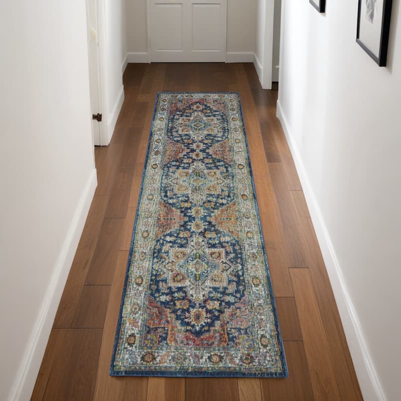 Power Loomed Distressed Abstract Floral Traditional Non Skid Area Rug - 96' X '28' X '0.5 - 96' X '28' X '0.5 - Oxford Blue - Runner