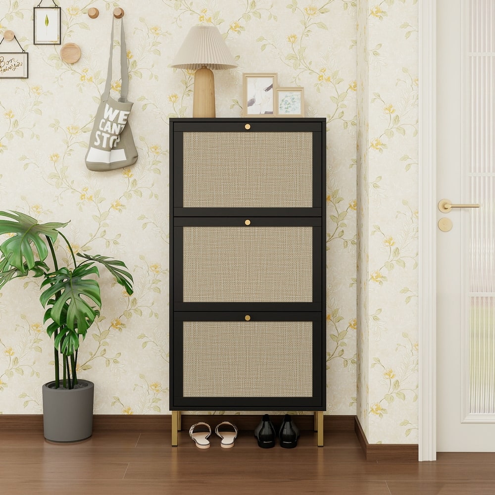 Shoe Storage Cabinet with 3 Flip Drawers, Freestanding 3-Tier Shoe Rack, Slim Shoe Organizer with Half Round Woven Rattan Doors