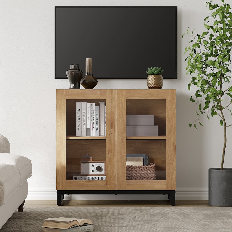 WAMPAT Modern TV Stand with Glass Doors for 110 inch TVs, Entertainment Center Console with Adjustable Shelves and Metal Base - 1PCS - Oak