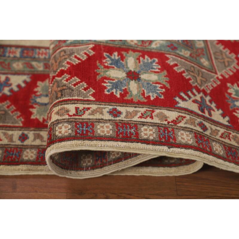 Geometric Kazak Area Rug Handmade Beige Wool Carpet - 4'10" x 6'6"