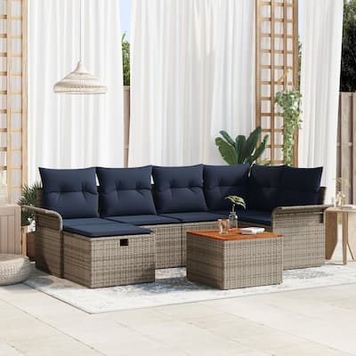 vidaXL 7 Garden Sofa Set with Cushions Black/Grey Poly Rattan - 95.5 x 52.2 x 27.2
