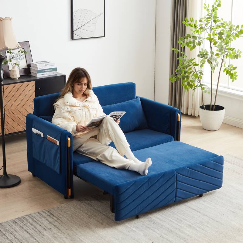 54" Velvet Pull-Out 2-Seater Sofa Bed with Adjustable Backrest & 2 Pillows