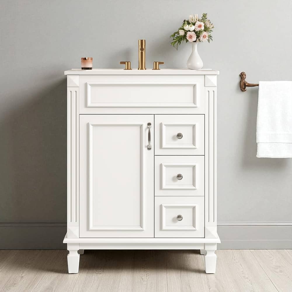 24" Bathroom Vanity with Ceramic Sink, Modern Small Cabinet with 2 Drawers and Shelf, Soft-Closing Door