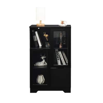 Wooden Floor Cabinet with 2 Glass Doors and 2 Storage Space