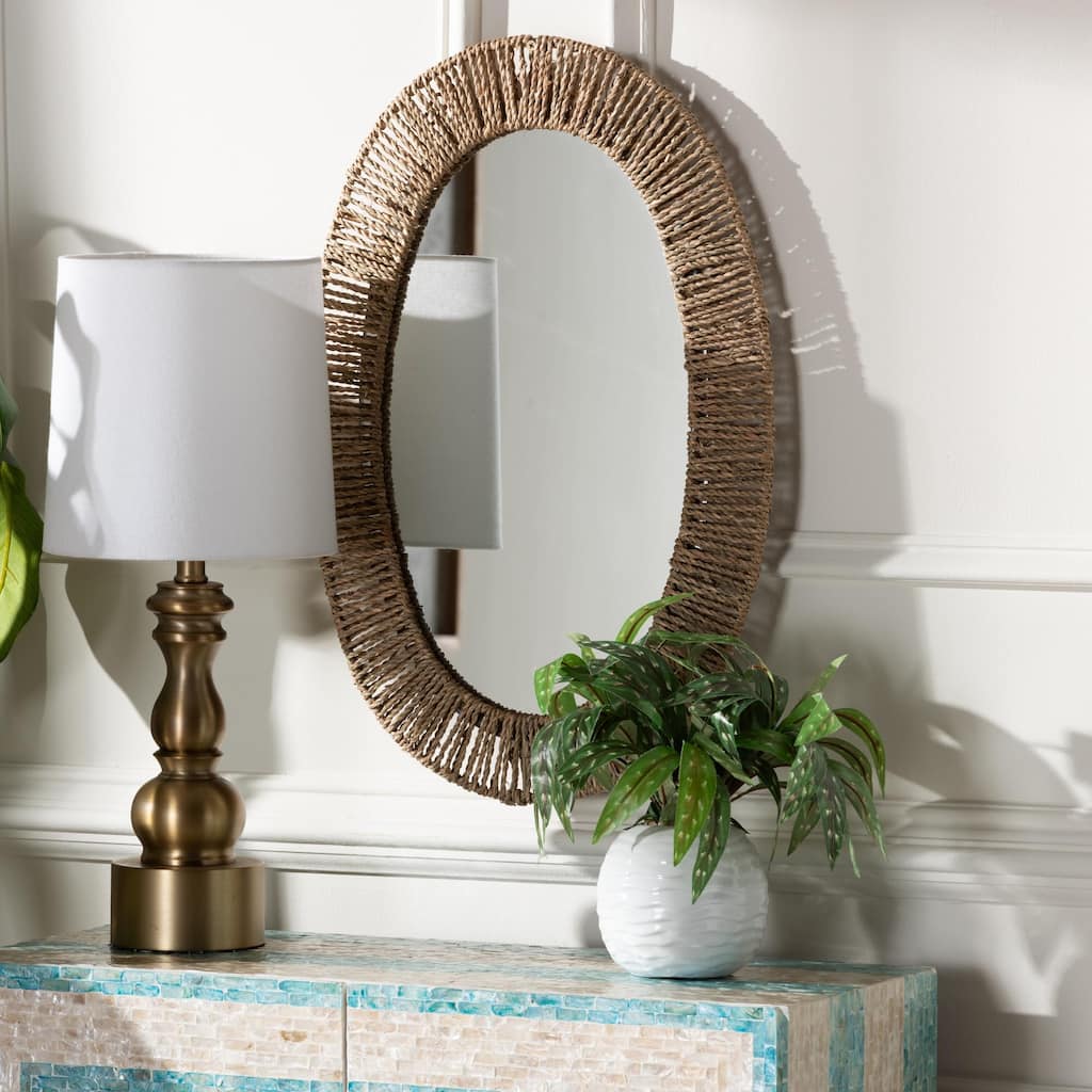 Elwyn Modern Bohemian Metal and Natural Brown Seagrass Accent Wall Mirror - Natural Brown