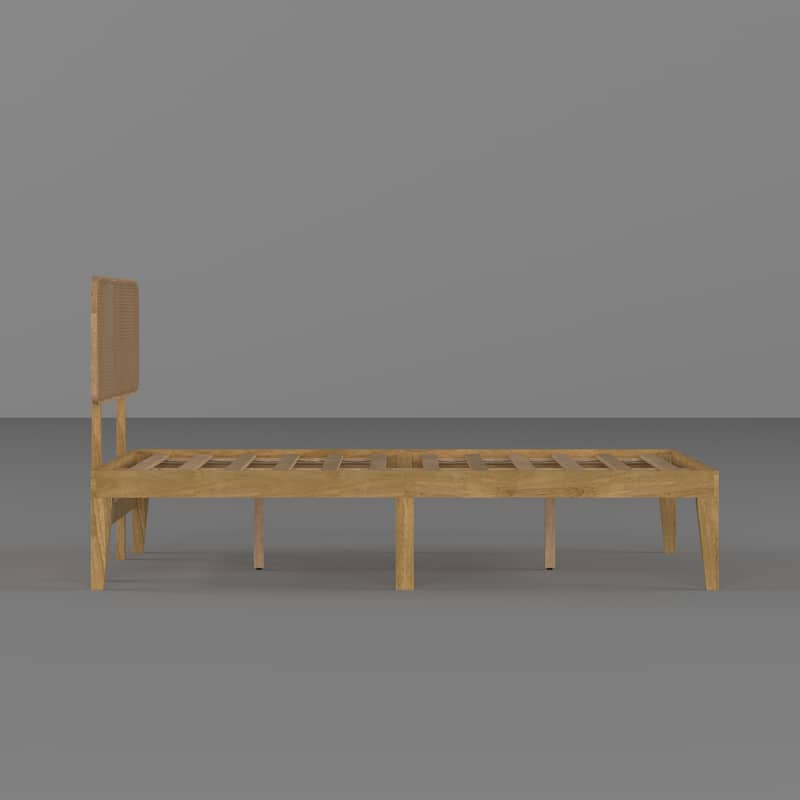 Solid Wood Bed Frame with Rattan Headboard - Natural Finish Platform Bed