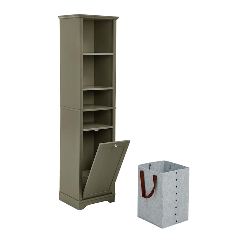 Roomfitters Tall Bathroom Storage Cabinet, Narrow Floor Organizer with Laundry Hamper, Small Space Linen Tower, Grey