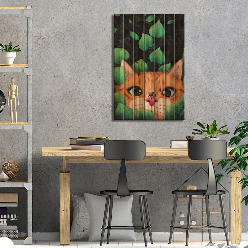 Cat In The Leaves Print On Wood by Valeriya Korenkova - Multi-Color
