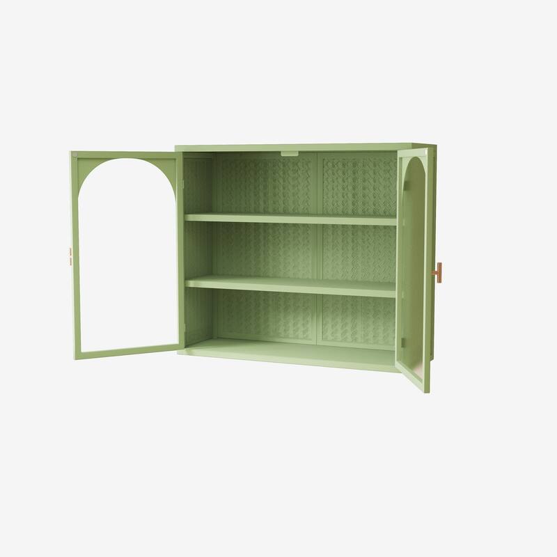 27.6"W Green Glass Doors Modern Two-door Wall Cabinet with Three-tier Storage