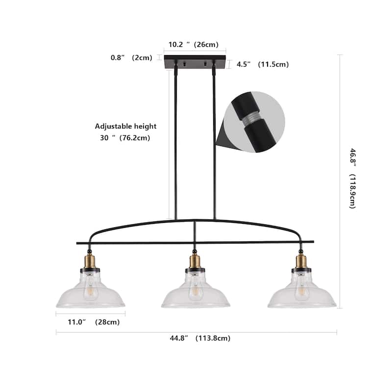 45" Industrial 3-Light Pendant Chandelier with Clear Glass Shades, Adjustable Height, Modern Farmhouse(Bulb Not Included)