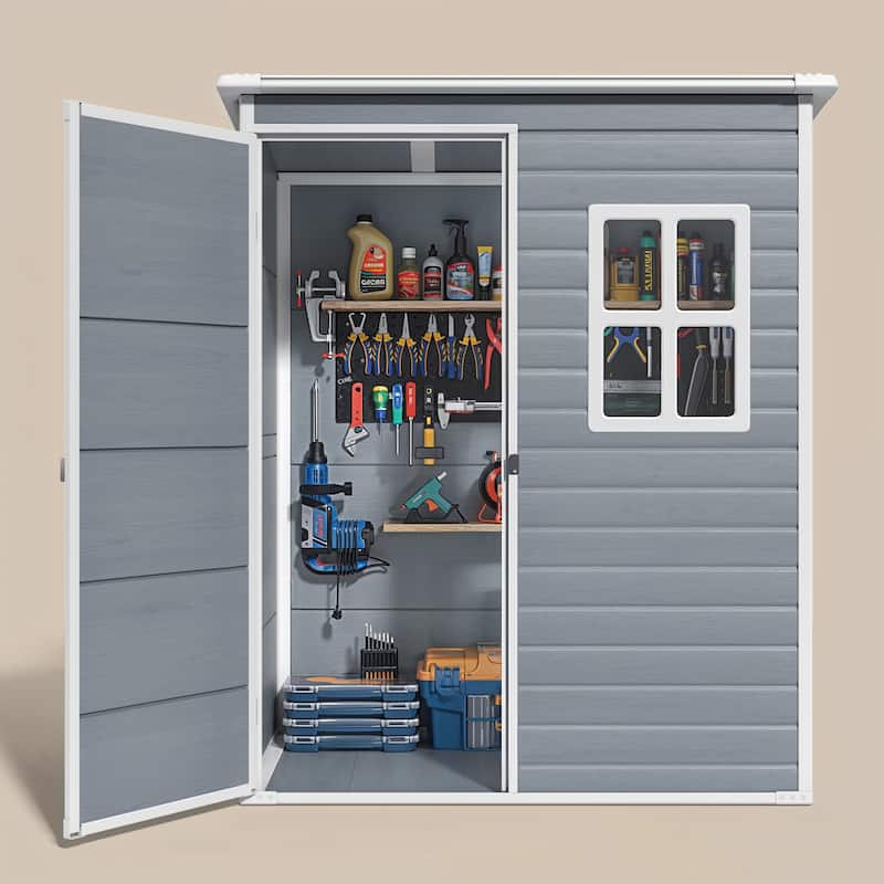 5x3 / 6x4 / 8x6 FT Outdoor Storage Shed with Floor, Resin Garden Tool Shed with Lockable Doors, Waterproof Plastic Storage Sheds