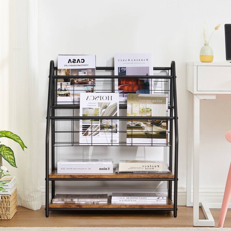 VECELO 29.53" H 4-Tier Metal Frame Magazine Rack Open Shelf Bookcase Storage Organizer for Living Room
