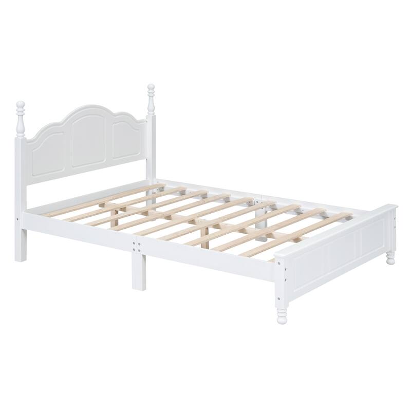 White Full Retro-Style Wood Platform Bed Frame with Wooden Slat Support, Easy Assembly